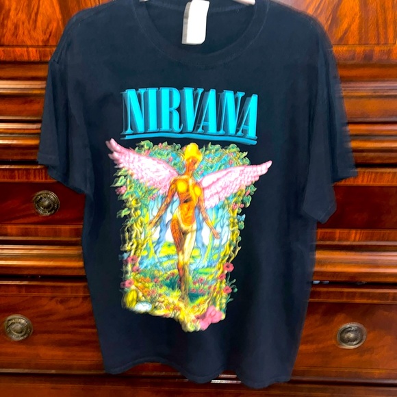 Womens Lg Nirvana Black T shirt with blue pink and green graphics 🩷🩷 great con - Picture 1 of 10
